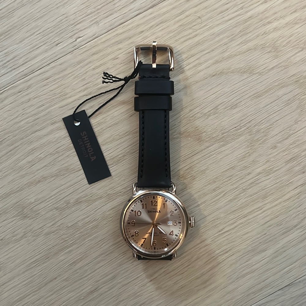 Shinola Runwell 41 MM Gold Case Black Leather Strap